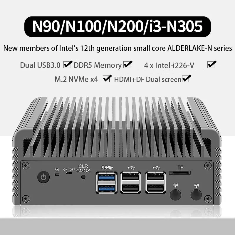 12th Gen Intel Firewall Mini PC Alder Lake i3 N305 8 Core N200 N100 Fanless  Soft Router Proxmox DDR5 4800MHz 4xi226-V 2.5G