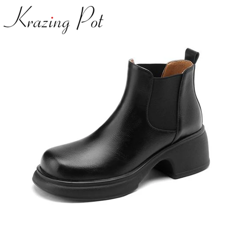 

Krazing Pot Cow Leather Platform Round Toe Thick Heels Winter Keep Warm Chelsea Boots Big Size Modern Fashion Singer Short Boots