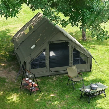 Army Green Waterproof Windproof Inflatable Tent for Camping,4 Season Air Glamping Tent House with Chimney Opening,AC Vent 1
