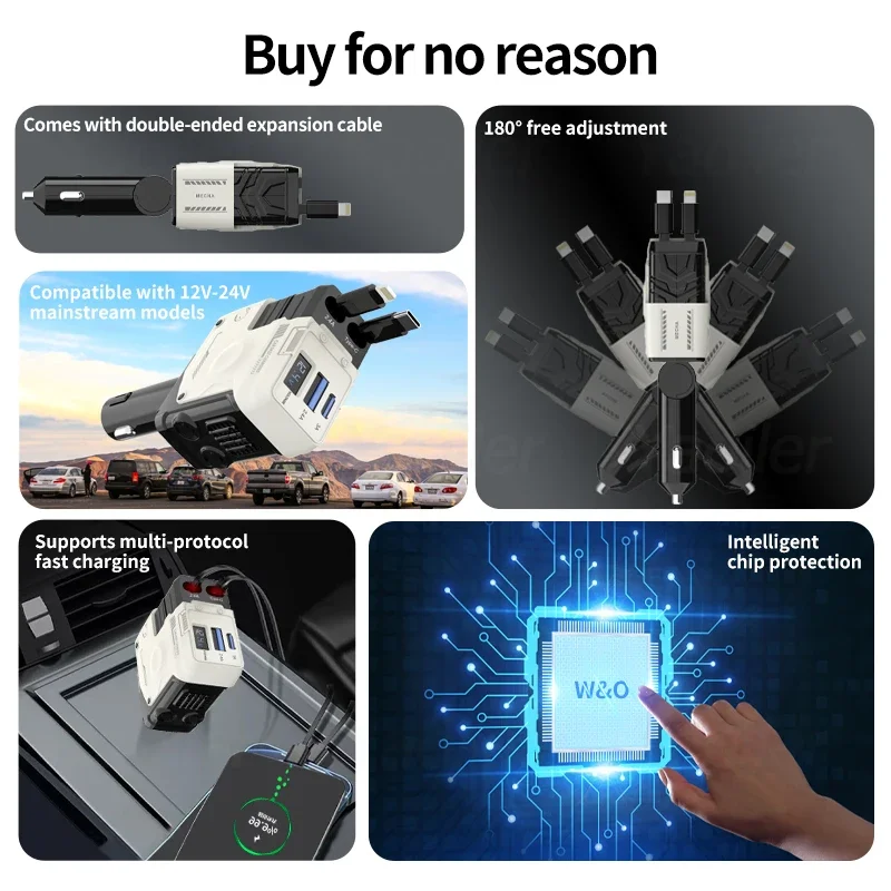 Caricabatterie Auto Retrattile 4-in-1 da 120W con Cavo USB
