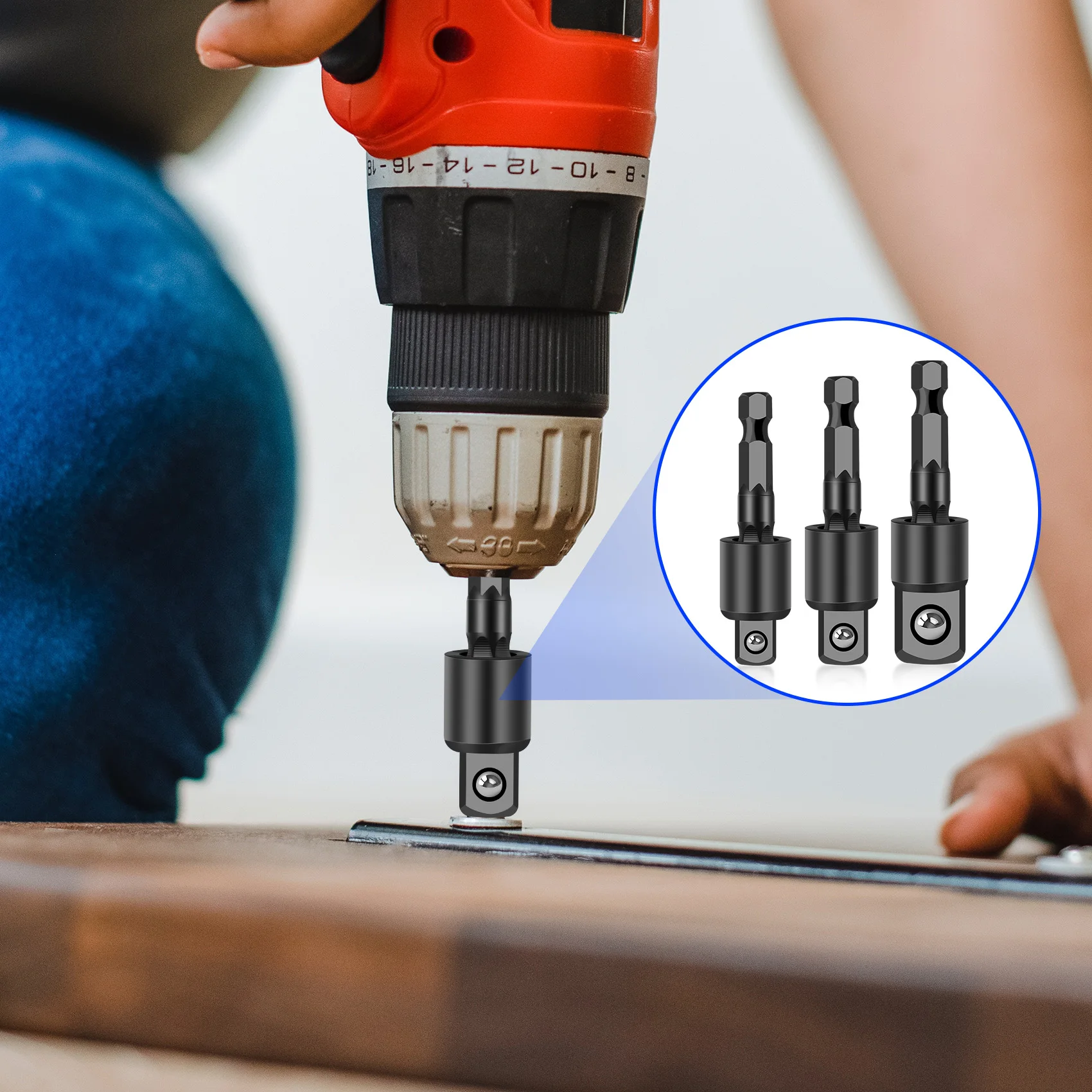 3PC Wobble Socket Adapters Universal Joint Swivel Socket Set, 1/4 Inch Hex Shank to 1/4 3/8 1/2 Square Drives