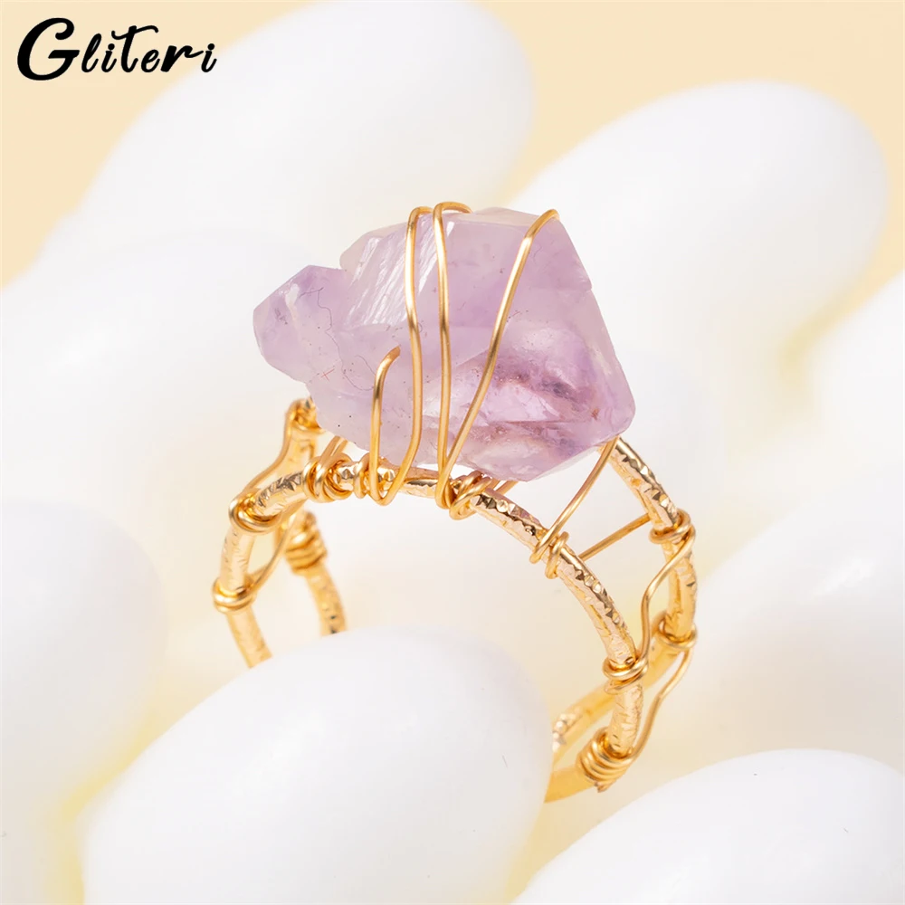 

GEITERI Natural Irregular Purple Crystal Rings For Women Girls Gold Color Winding Geometric Stones Open Finger Ring Jewelry 2023