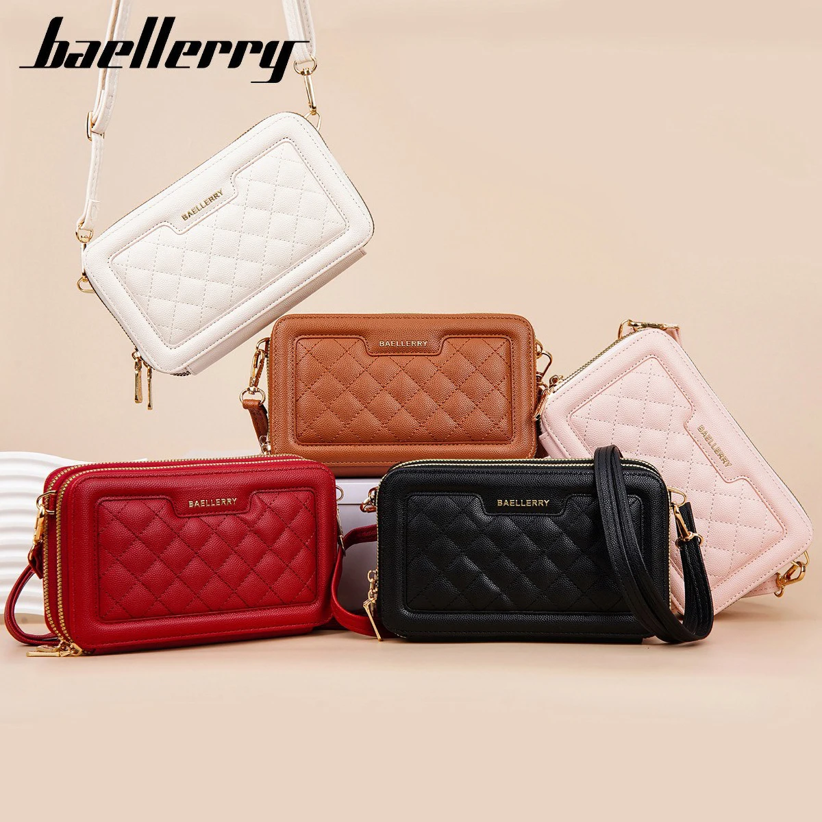 Baellerry Women's 2025 New Diamond Pattern Crossbody Bag Stylish Phone Purse with Zipper Closure Multifunctional PU Shoulder Bag