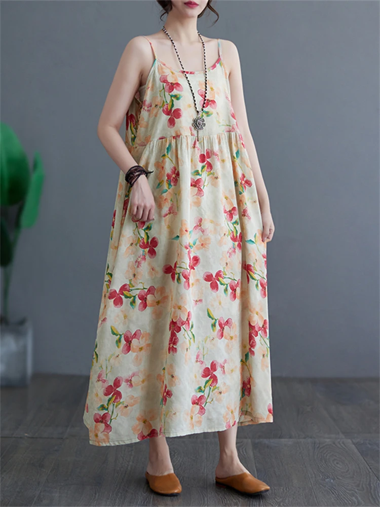 Cotton Sleeveless Spaghetti Strap Print Vintage Long Dresses For Women 2025 Summer Casual Thin Breathable Dress Femme Clothing