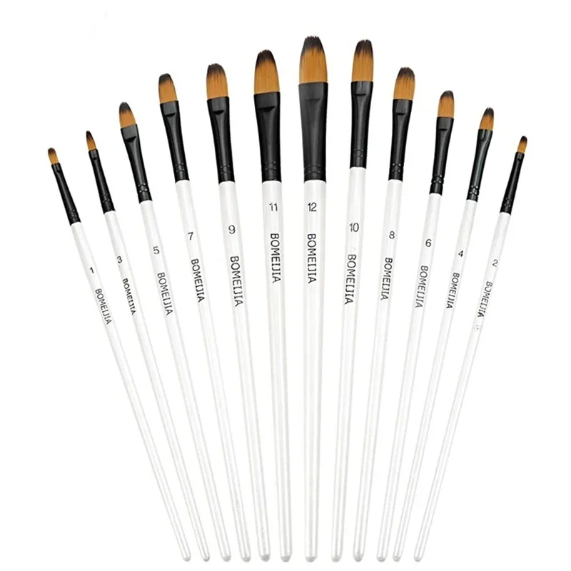 

12Pcs Paint Brush Set Filbert Round white Nylon Bristle Professional Brush for Watercolor Acrylic, Gouache, Oil and Facepaint