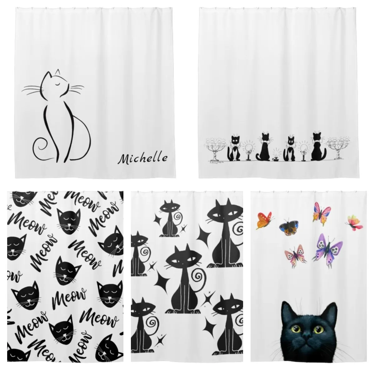 MeowMeowMinimalistModernBlackandWhiteCatShowerCurtainBathroomCurtainHookBathroom