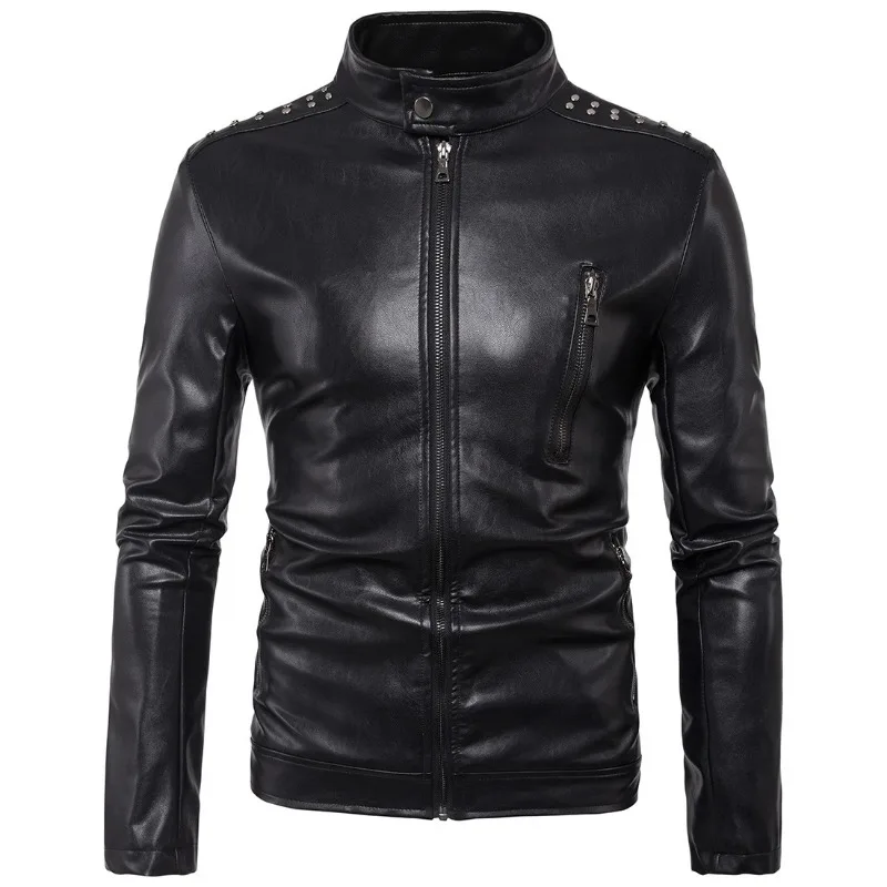Men Spring and Autumn New Solid Color Rivet Leather Clothing Korean Style Slim Large Size Stand Collar Leather Jacket Coat