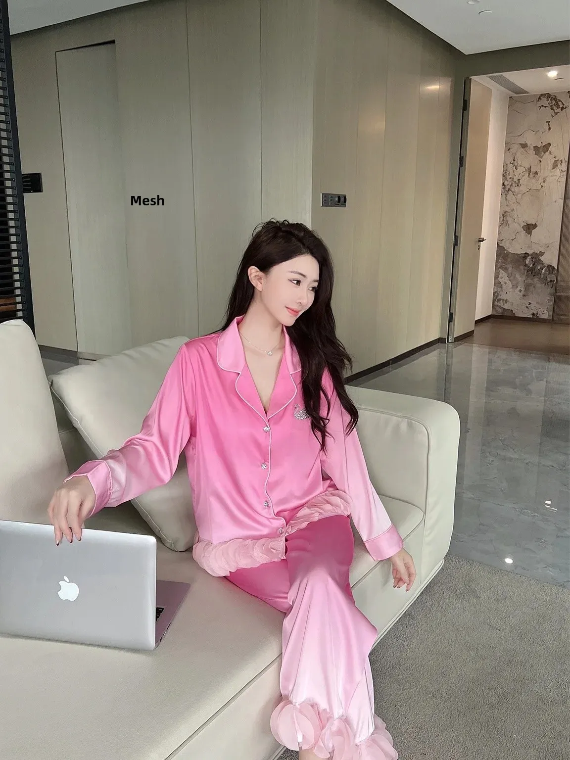 فضفاض الجليد لباس نوم من الحرير المرأة التدرج حجر...