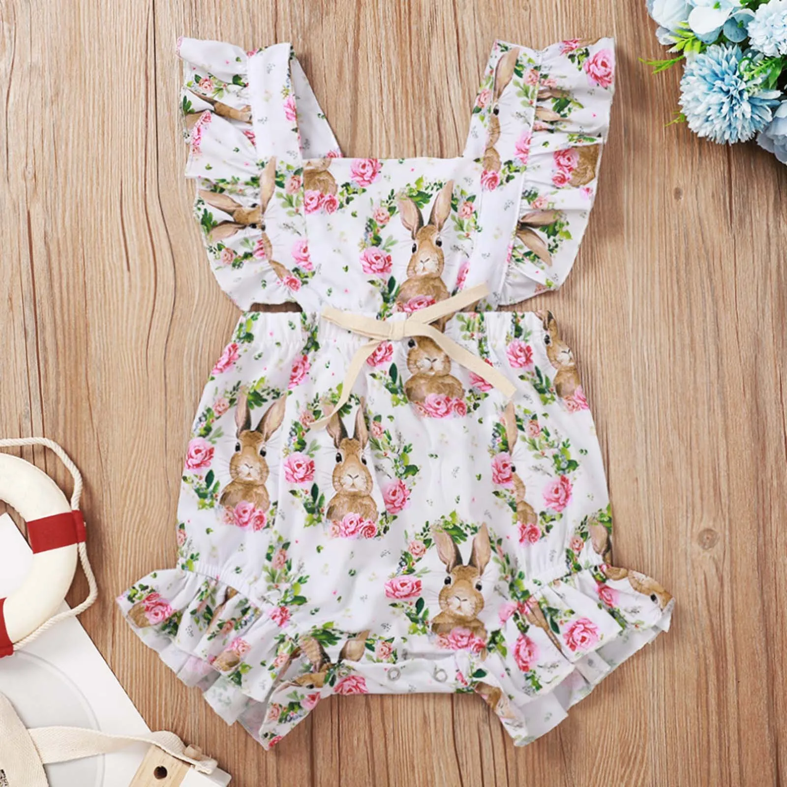 

Infant Toddler Girls Easter Sleeveless Ruffled Romper Cartoon Rabbit Prints Bow Tie Summer Suspenders Jumpsuit