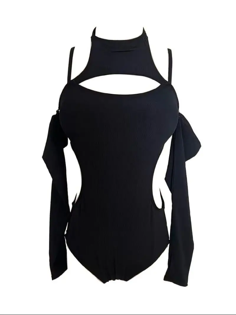 Black Swimsuit Women's Summer One-piece Korean Ins Belly-covered Slimming Sexy Hollow-out Small Chest Gathering Seaside Swimsuit