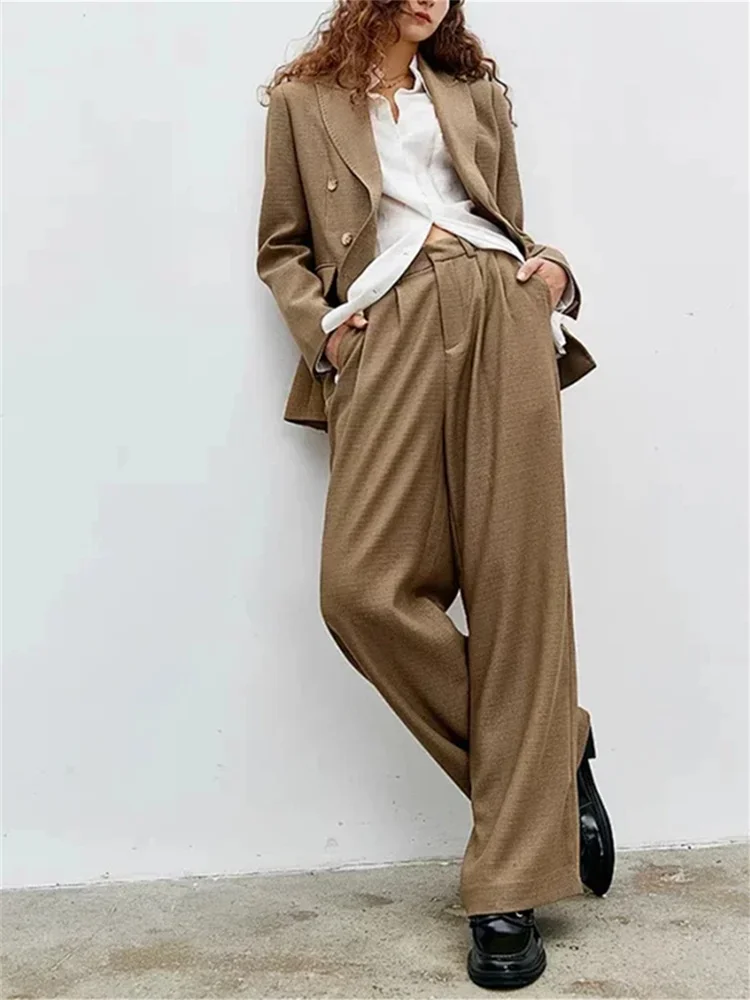 

Women's OL Suit Double Breasted Notched Blazers Coat or Zipeer High Waist Long Pants