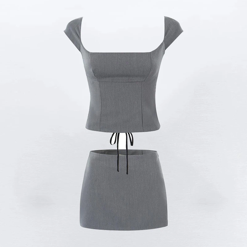 

Женский костюм с квадратным вырезом, топ на шнуровке сзади и Мини-Юбка До Колена с высокой талией, уличный костюм из двух предметов, весна 2024