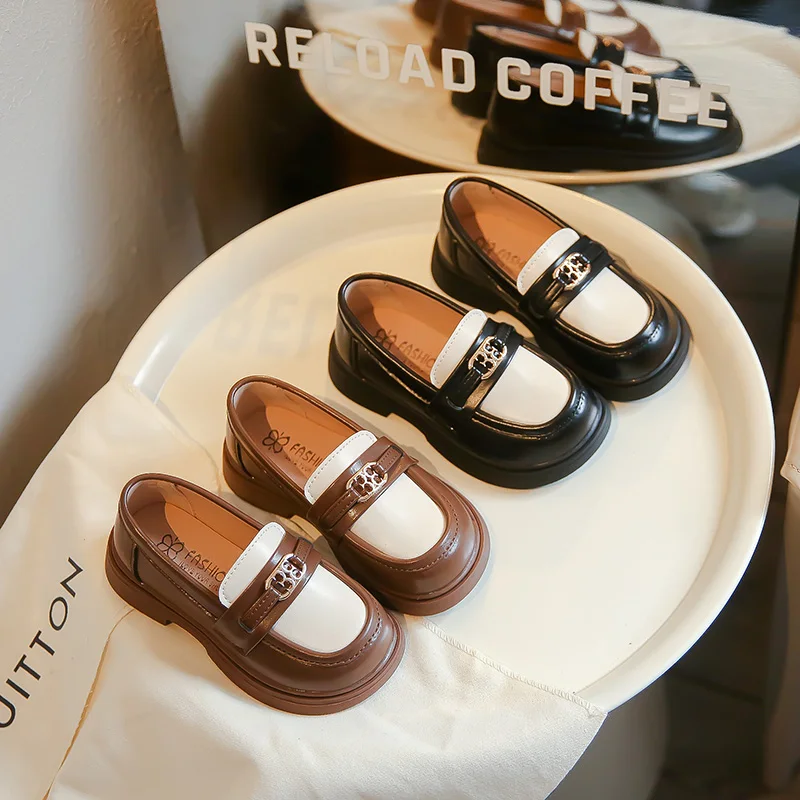 Children Casual Leather Shoes Fashion Patchwork Slip-on Unisex School Boys Girls Loafers Spring Kids Chunky Heel Platform Shoes