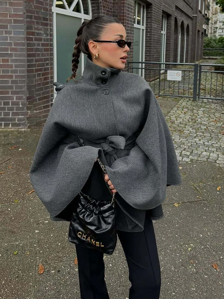 Women's Poncho Coats Vintage High Neck Cape Style Jacket Coat Long Sleeve With Belt Female Autumn Winter New Cloak Outerwear ﻿ ﻿