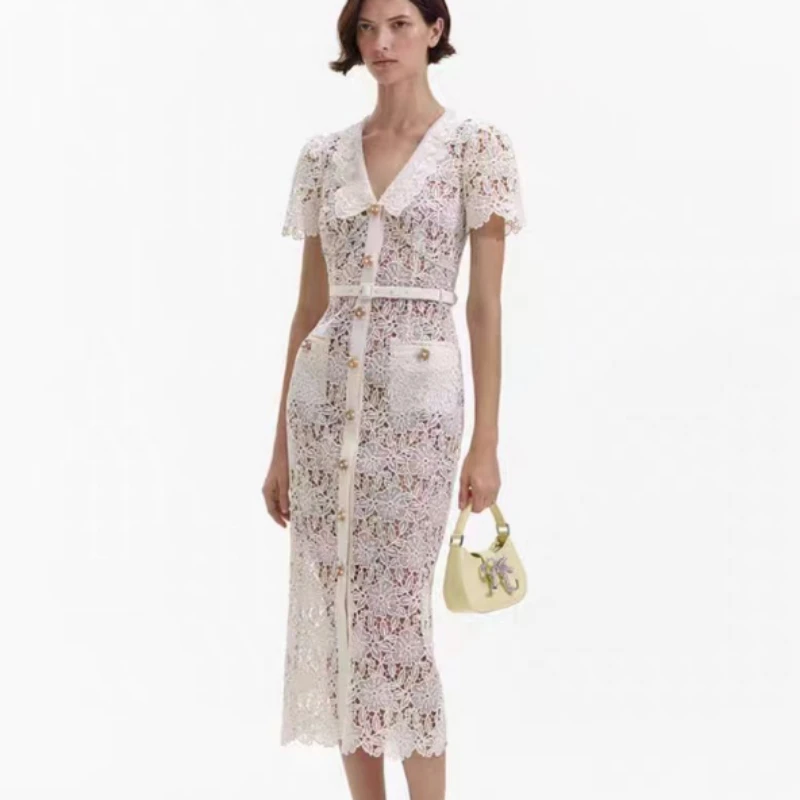 

2024 Spring and Summer Ivory White Temperament Short-sleeved Lapel Waist Water-soluble Lace Mid-length Dress