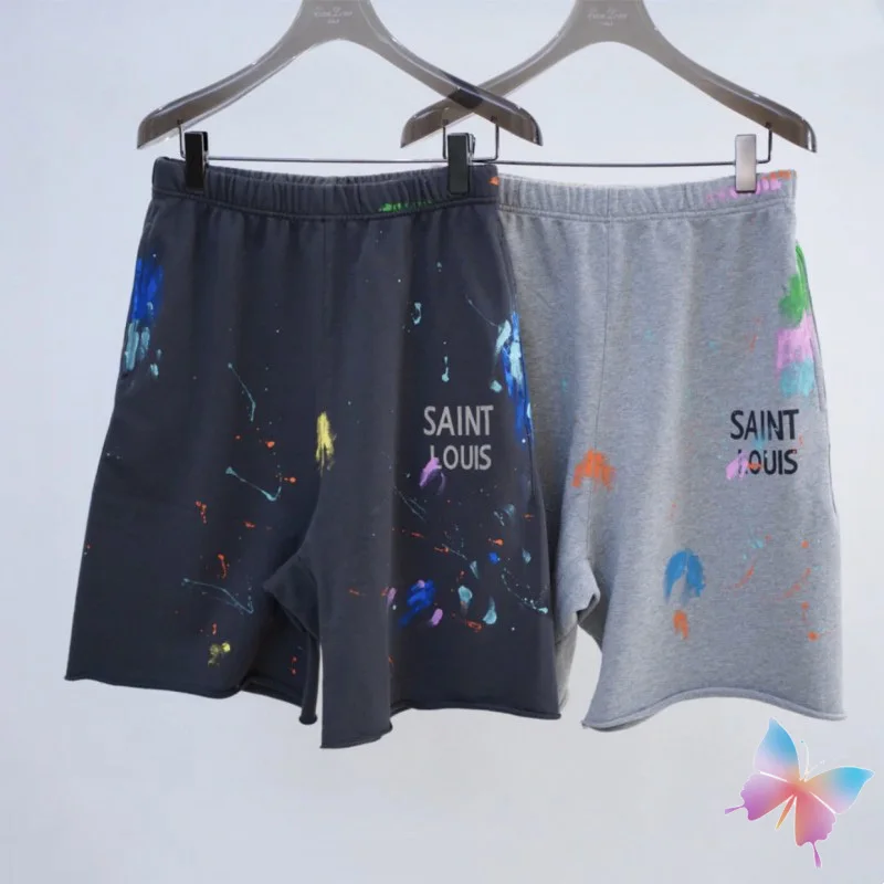 

American High Street Summer Saint Michael Shorts Cotton Splashing Ink Graffiti Fashion Casual Dirty Gray Black Shorts Men Women