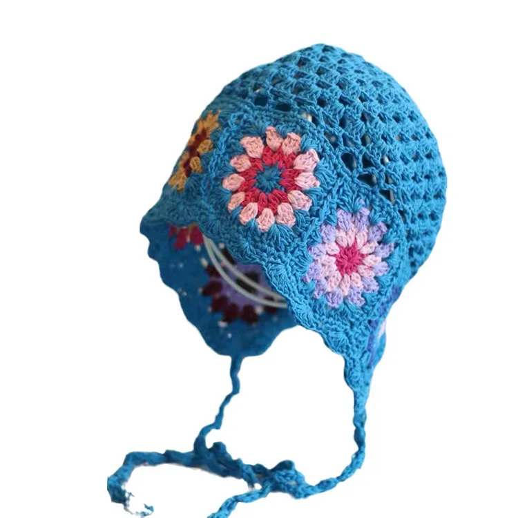 Women's Crochet Flower Beanie Hat Autumn Handmade Knitted Skullies Cap Female Hollow Beanies Cap Outdoor Foldable Sunscreen Hat 5
