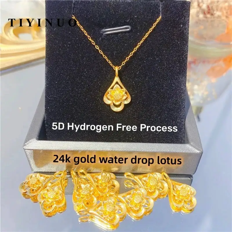 

TIYINUO Genuine 999 Pure 24K Real Gold Waterdrop Lotus Pendant Necklace Elegant Present Delicate Gift For Woman Fine Jewelry