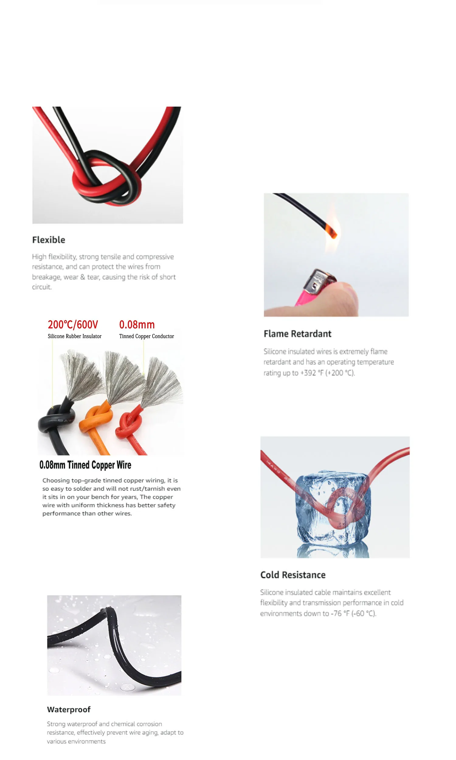 Description Picture 4 of itemSoft Silicone Connection Cable 16AWG 18AWG 20 22 24 26 28AWG 30AWG 0.08mm Tinned Copper Wire For DIY, Automotive, Power Wiring