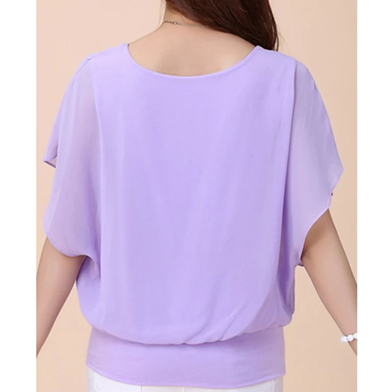 Solid Color O Neck Loose Pullover Batwing Sleeve Ruffle Shirts Chiffon Short Blouse Casual Summer Women Top Female Clothing