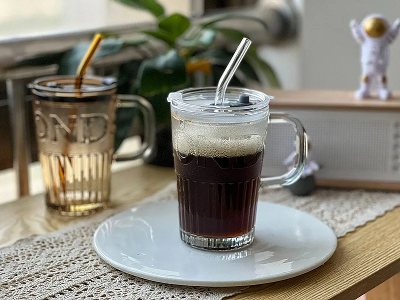 Straw With Glass Cup Coffee Cup With Handle Straw Cup Large Capacity Glass Cup With Cover 400Ml Glass Dinkware