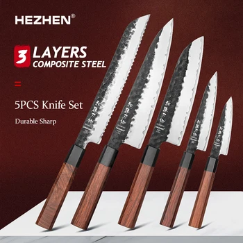 HEZHEN 1PC-5PC Set di coltelli da cucina Chef Utility Acciaio inossidabile 3 strati Acciaio composito Santoku Nakiri Accessori da cucina 1