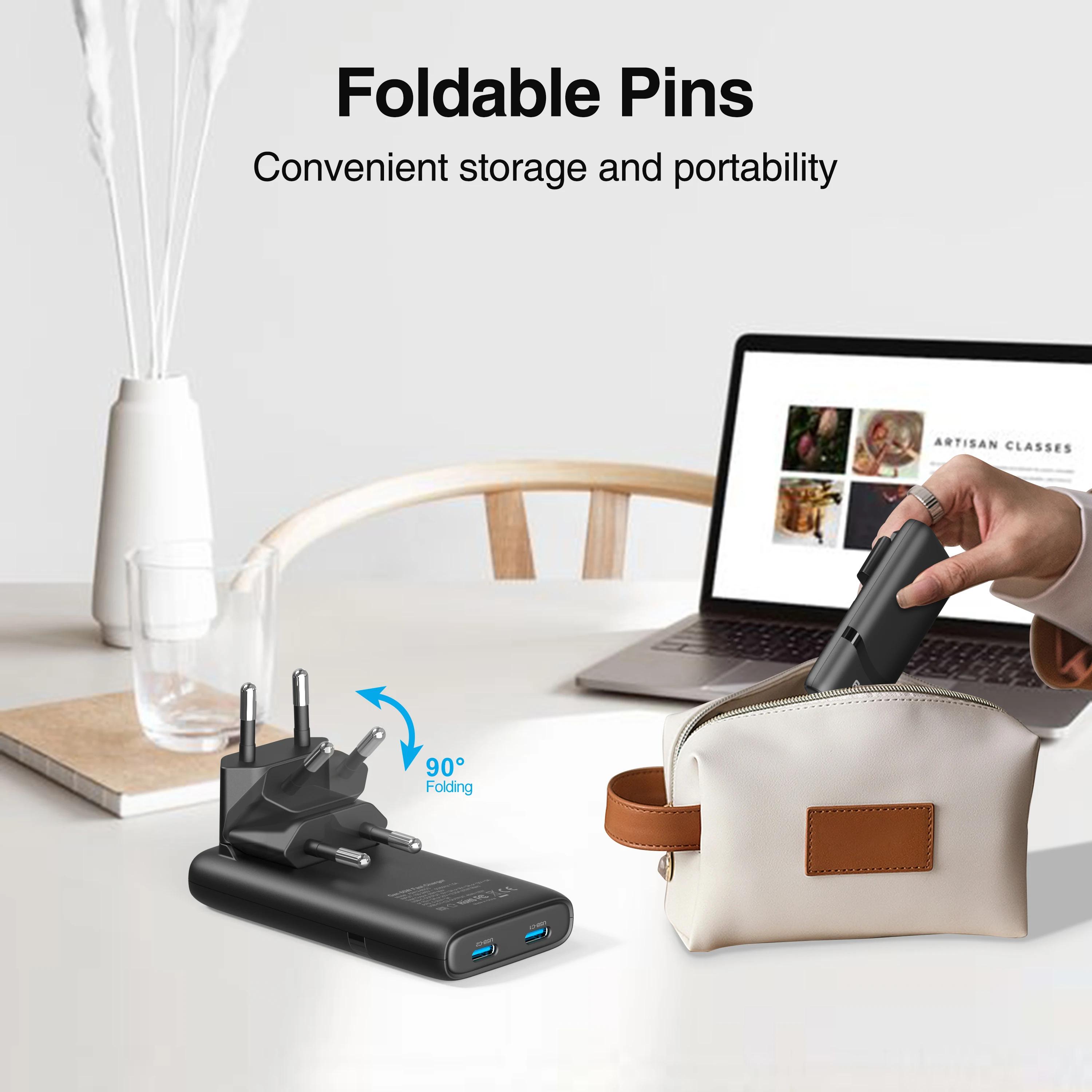 Ultra-Thin 65W GaN Dual-Port USB C Fast Charger with Foldable Plug