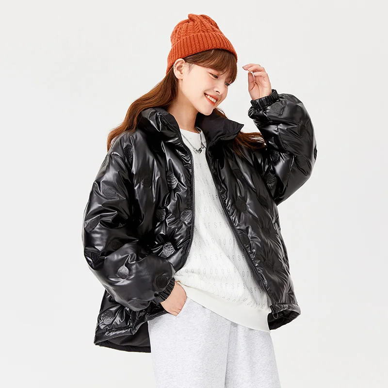 Semir Down Jacket Women Stand-Up Collar Shiny Design Sense 2023 Winter New Loose Drawstring Thin Coat