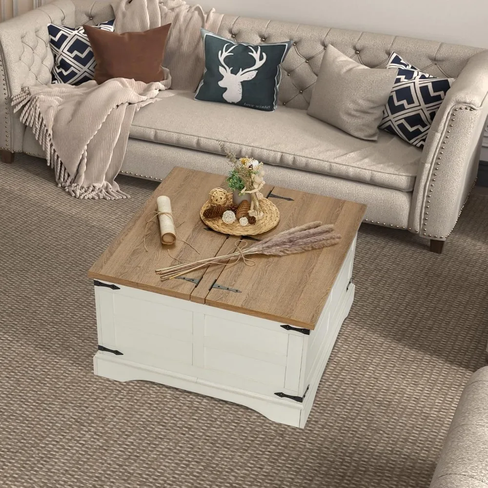Farmhouse Coffee Table with Hinged Lift Top and Large Hidden Storage Compartment, Rustic Square Wood Central Table for 6