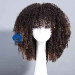 Amethyst Blonde Highlight Afro Kinky Curly Wigs For Women Human Hair With Bangs Coils Fake Scalp Top Full Machine Wig 150%-200%