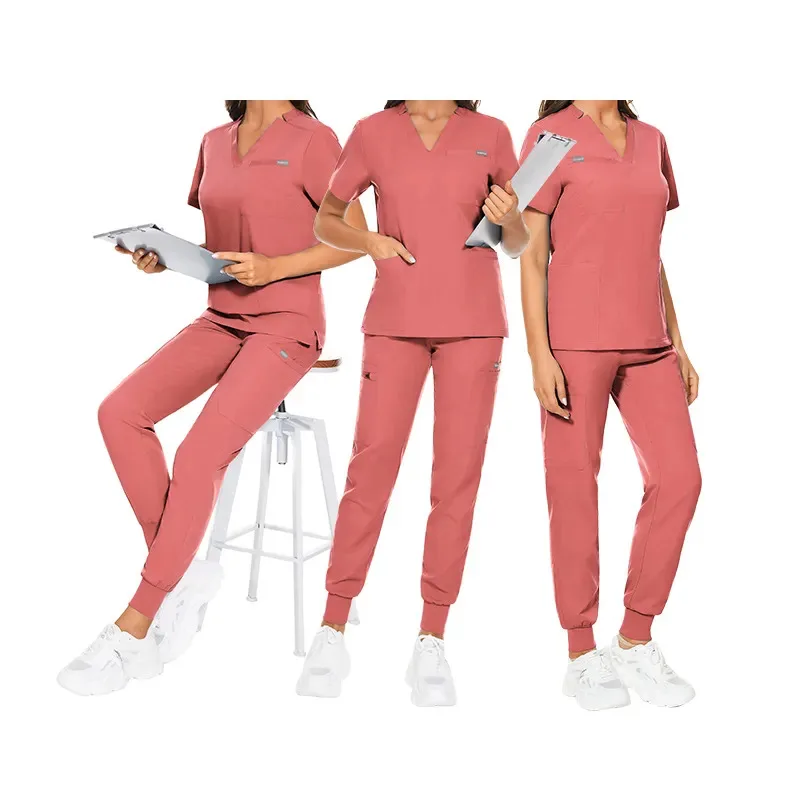 스크럽 미용실 유니폼 세트, 반팔 맞춤형 상의, 간호사 작업자 바지, 의료 세트 복장 작업복