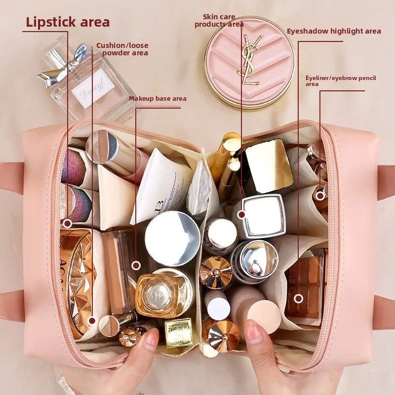 Large Capacity Elegant Makeup Bag for Women Travel Toiletry Organizer with Multiple Compartments Portable Cosmetic Storage 4