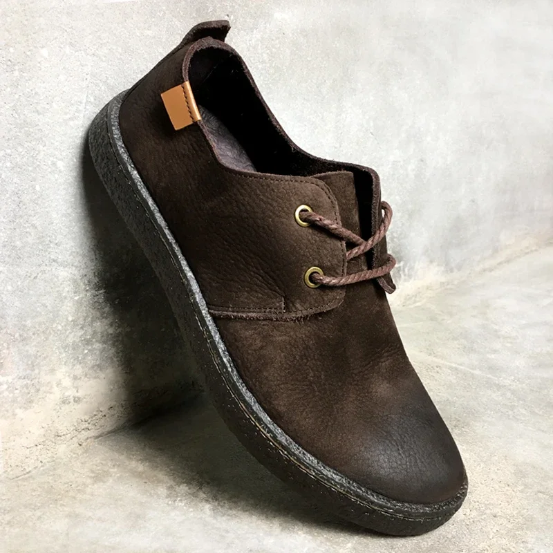 

Vintage Casual Men Genuine Leather Shoes British Style Handmade Tendon Bottom Breathable Men's Lace Up Designer Flats