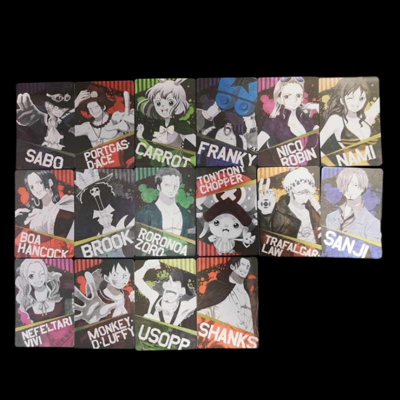 

16pcs ONE PIECE Luffy Trafalgar D. Water Law Sabo Nami Roronoa Zoro DIY Animation Personas Flash Card Game Collection Cards