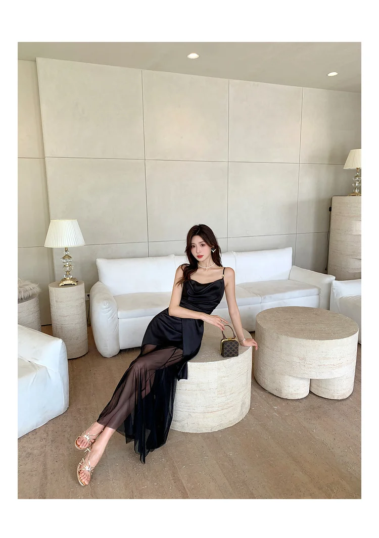 Sexy Black Dresses for Women Summer New Spaghetti Strap Mesh Patchwork Slim Evening Party Dress Prom Robe French Vestidos Mujer