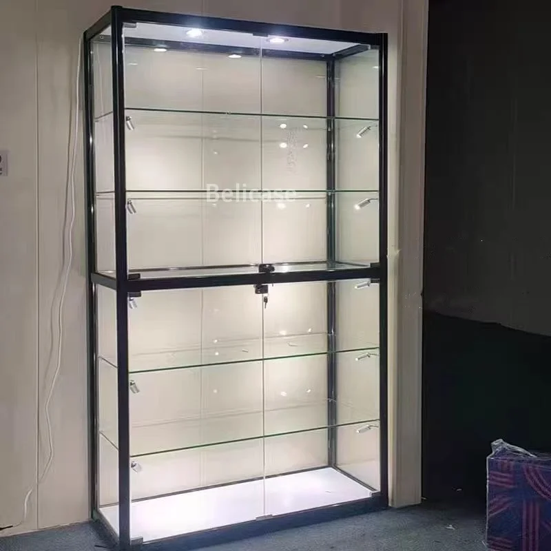커스텀. 전체 벽 유리 디스플레이 캐비닛, 이동식 유리 선반, 연기 상점용 LED 조명 쇼케이스
