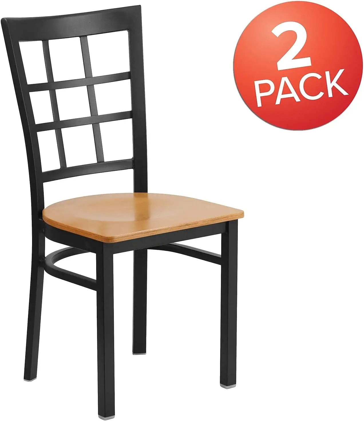 2 Pack HERCULES Series Black Window Back Metal Restaurant Chair-Natural Wood Seat