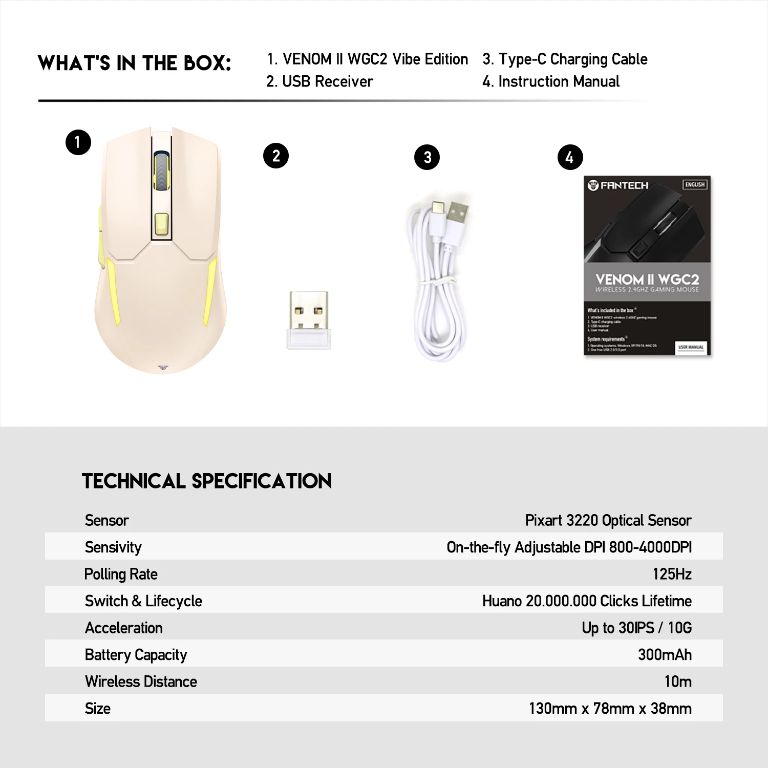 Wireless Mouse FANTECH VENOM II WGC2 Huano 20 million Switch 2.4Ghz 4000DPI Pixart 3220 for PC Laptop