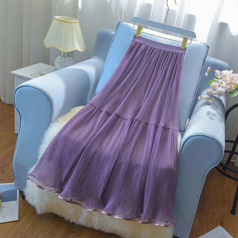 

Summer Women Tulle SkirtStreetwear Elastic High Waist Mesh Pleated Skirts Summer Elegant Korean A Line Office Ladies Skirt