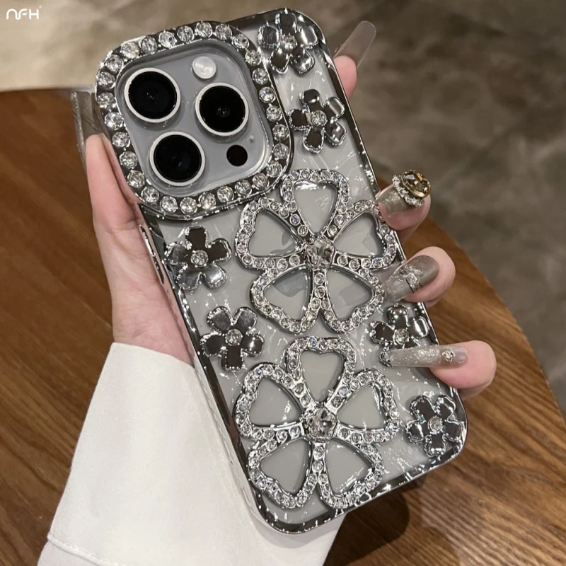 Phone Case For iPhone 15 Pro Max Luxury Flowers Flash Diamond Plating Frame For iPhone 11 13 14 16 Plus 17 Air Rhinestone Cover phone case,iphone case