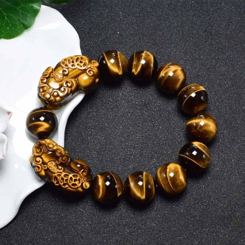 

Natural Yellow Tiger Eyes Stone Double PiXiu Bracelets Buddhist Prayer DIY Beads Chain For Men Women Lovers Jewelry