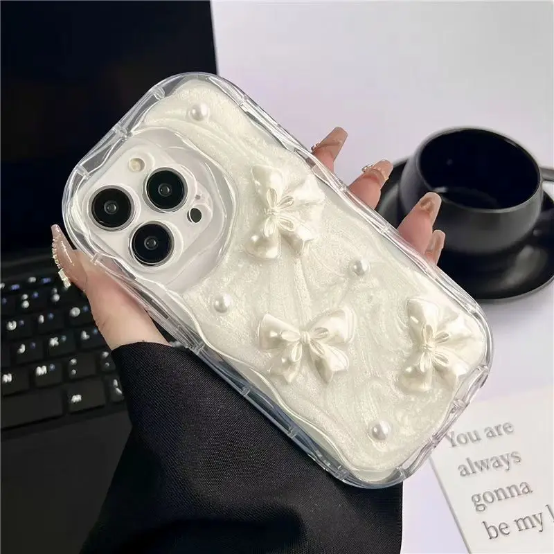 Chic 3D Pearl Bow Wavy Phone Case - Soft Shockproof Bumper Protective Cover