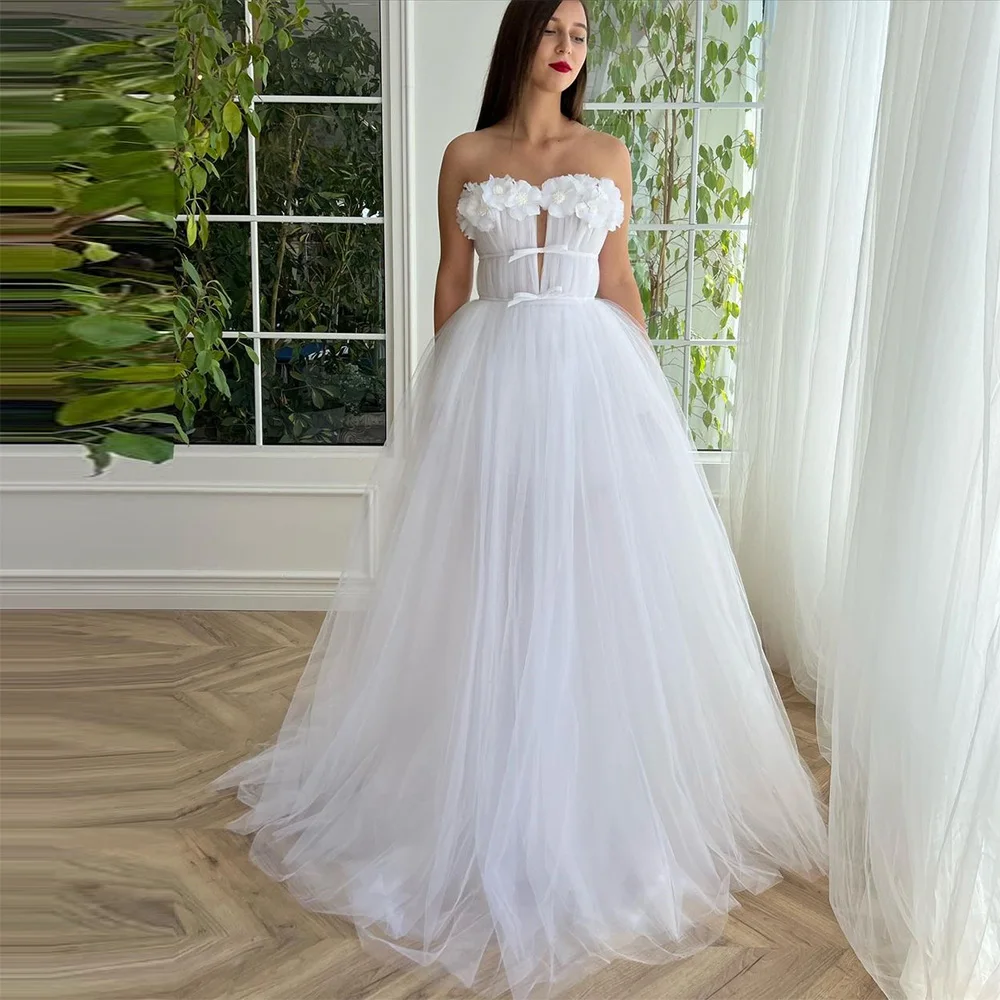 

Sevintage Elegant White Tulle Prom Dresses 3D Flowers Sleeveless A-Line Pleat Ruched Evening Gowns Wedding Party Dress 2023