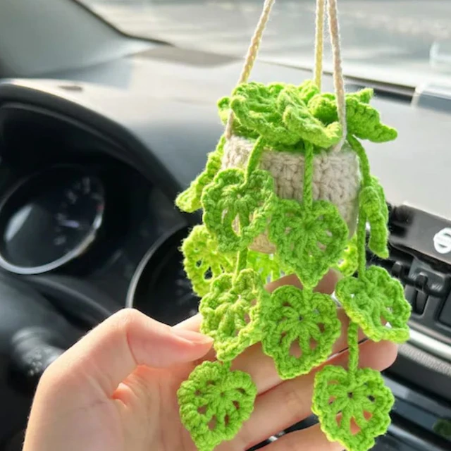 New Cute Potted Plants Crochet Car Basket,Hanging Plant Crochet For Car  Decor,Car Ornament Rear View Mirror Hanging Accessories - AliExpress
