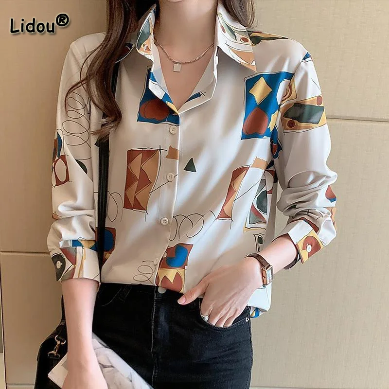 Office Lady Spring Autumn Turn-down Collar Vintage Port Flavor Geometric Printing Blouse Fashion Loose Button Long Sleeve Shirt