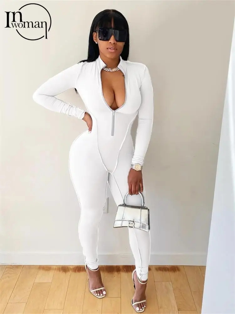 

Inwoman Fall Sexy Solid Bodycon Jumpsuit Fall Outfit For Women 2023 White Long Sleeve Zip Up Casual One Pieces Women Clothing