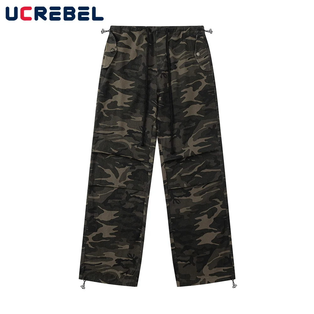 

Camouflage Jogger Pants Mens Loose Straight Streetwear Drawstring Elastic Waist Trousers Men