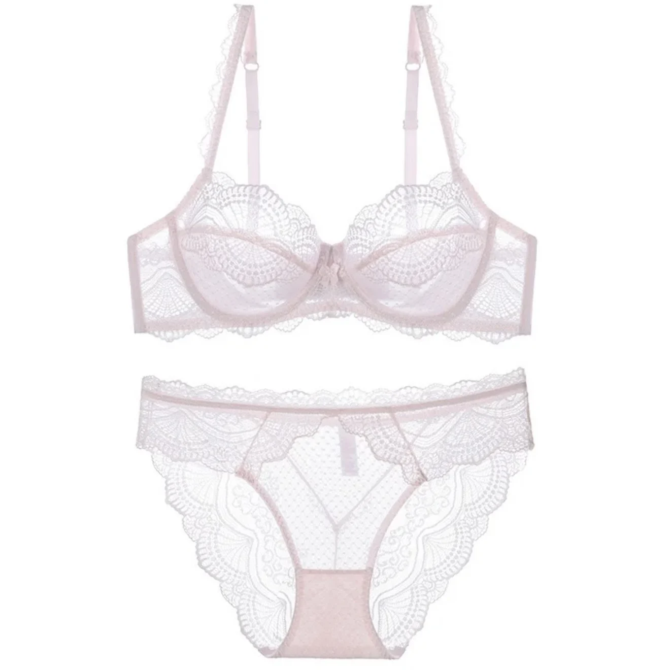 Pink Lace Women's Bra Pu up Soft Steel Ring Big Chest Looks Small Underwear Bra Set Adjustable oulder Strap Gathered Brea...