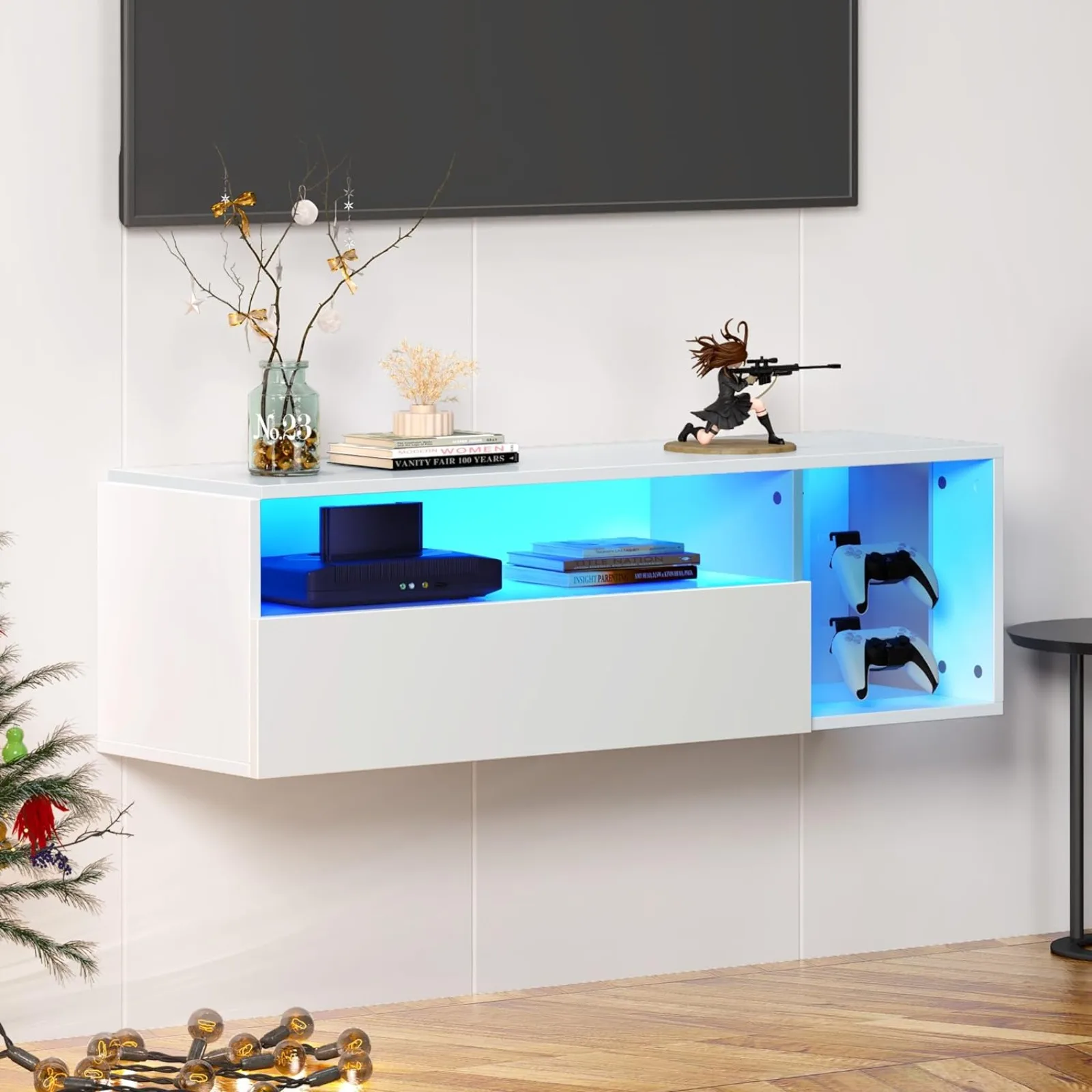 

US sogesfurniture 39.3'' Floating Wall TV Cabinet Stand with LED Lights, Wall Mounted Entertainment Center with Storage Shelves,