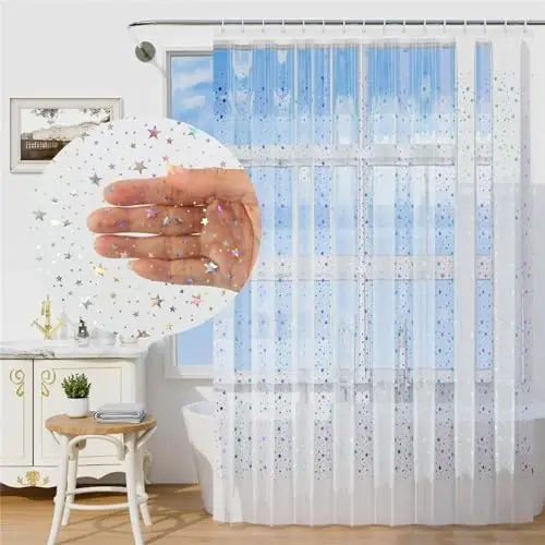 Star Printed Shower Curtain Liner 72Wx72H Inch PEVA Premium Light Weight Iridescent Star Glitter Water Repellent Transparent 2